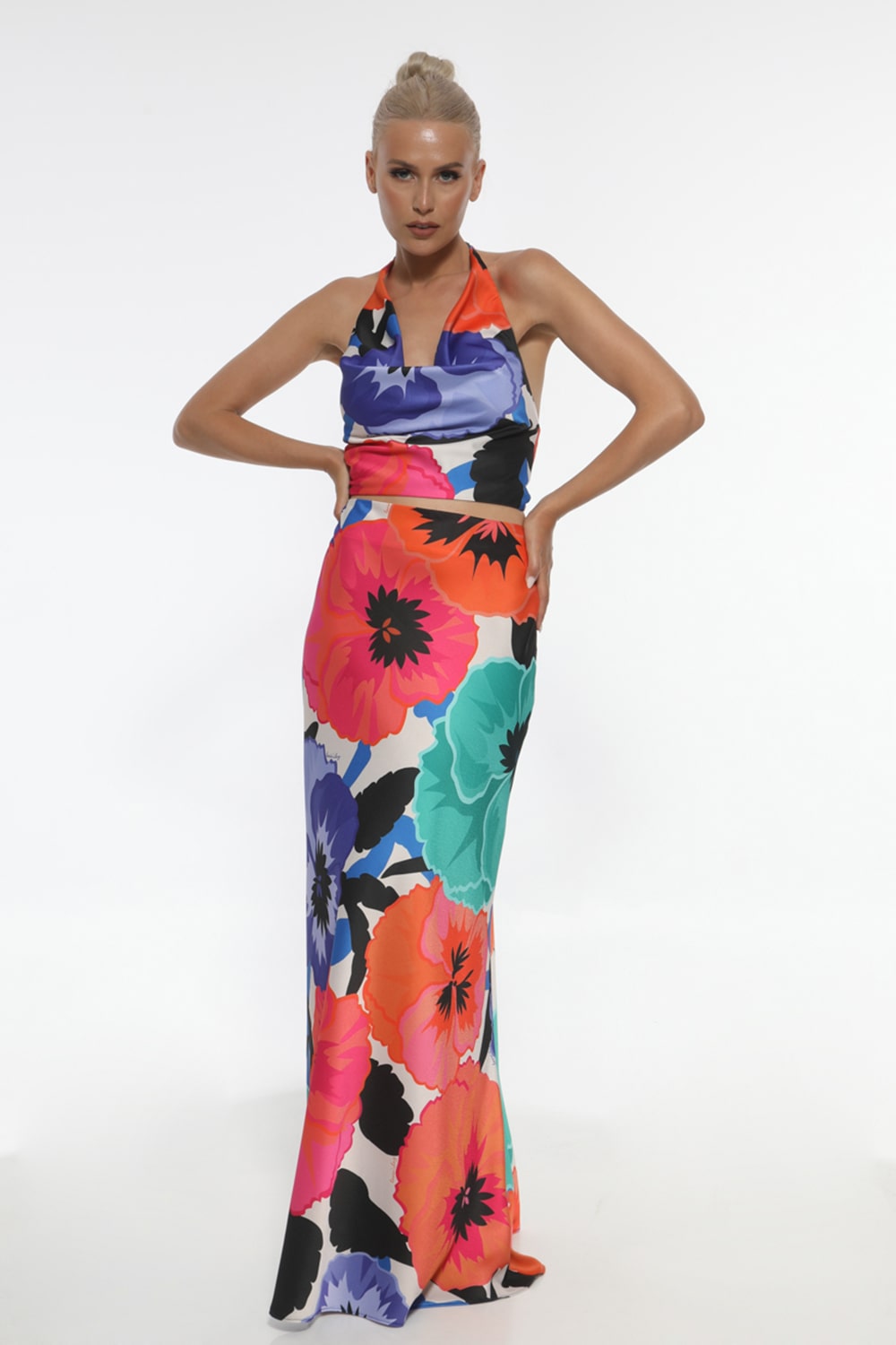 Σετ σατέν crop top floral - φούστα σατέν φλοράλ