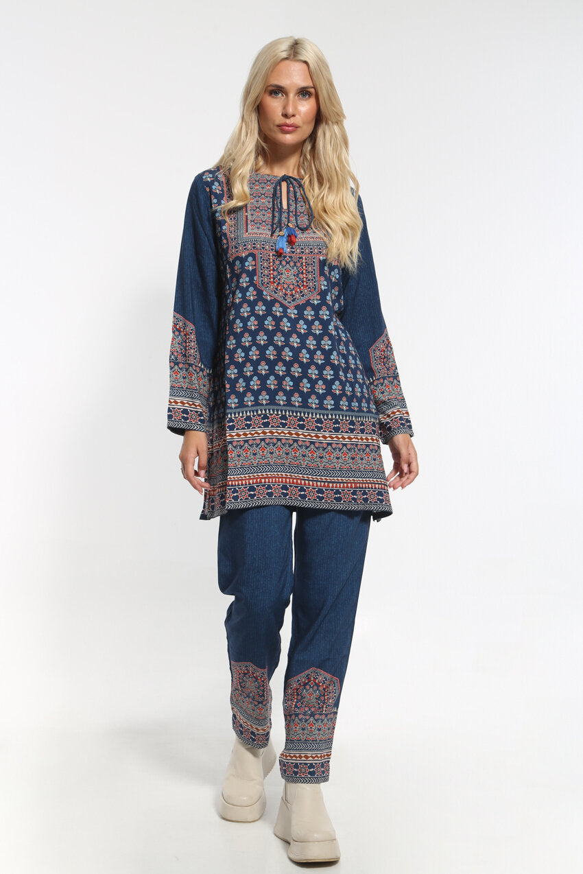 Τυπωμένο boho παντελόνι σε ίσια γραμμή, μπλε ρουά