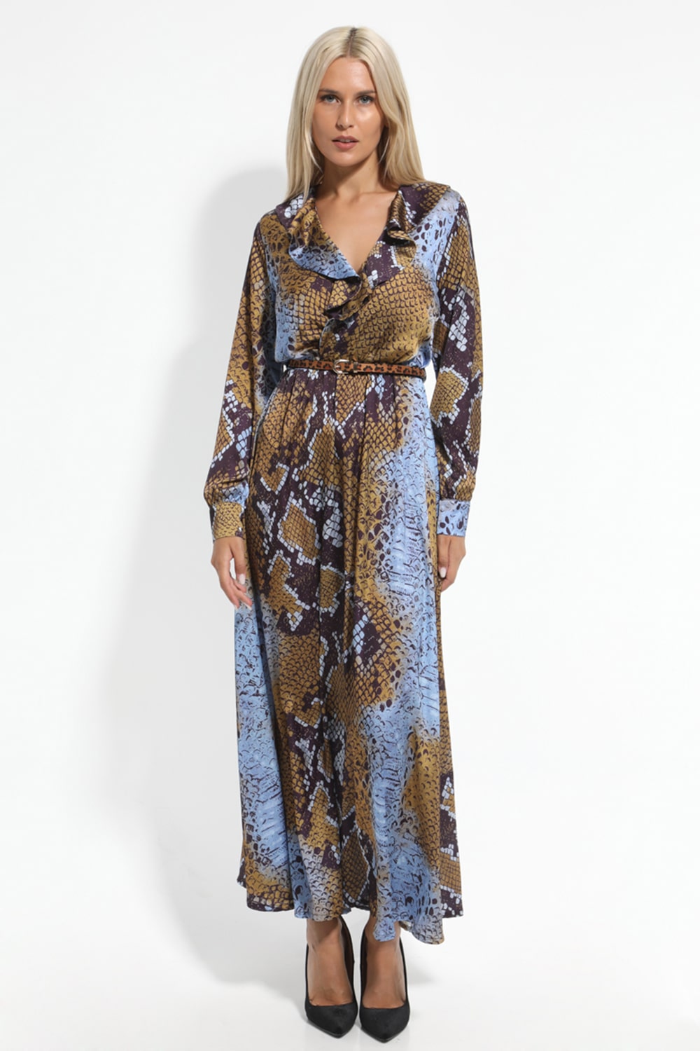 Σατέν μίντι φόρεμα snake print με ζώνη