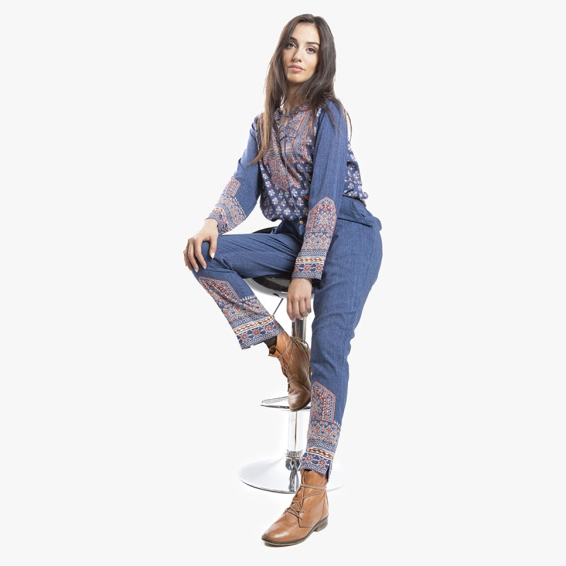 Τυπωμένο boho παντελόνι σε ίσια γραμμή, μπλε ρουά