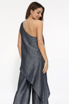 Λινή ασύμμετρη τουνίκ με έναν ώμο σε ντένιμ χρώμα