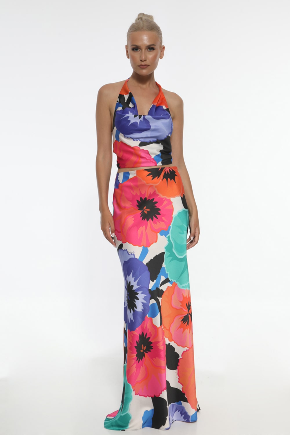Σετ σατέν crop top floral - φούστα σατέν φλοράλ