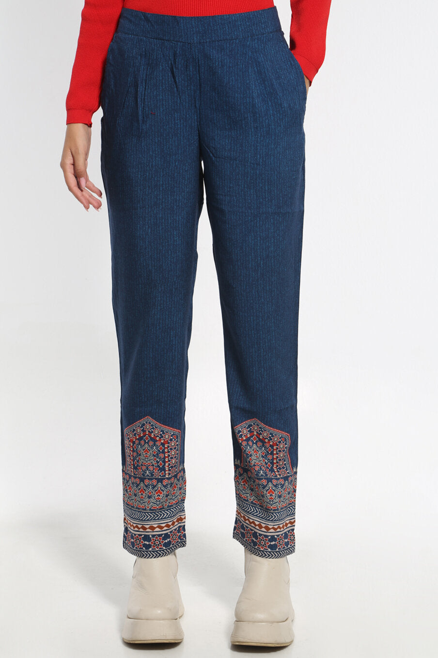 Τυπωμένο boho παντελόνι σε ίσια γραμμή, μπλε ρουά