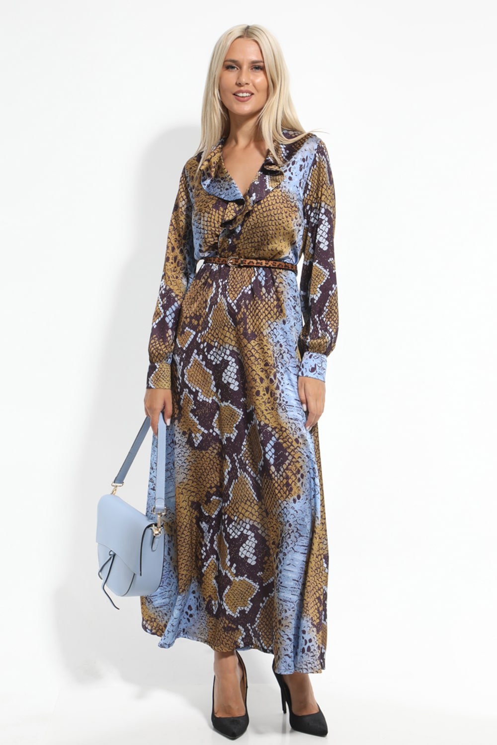 Σατέν μίντι φόρεμα snake print με ζώνη