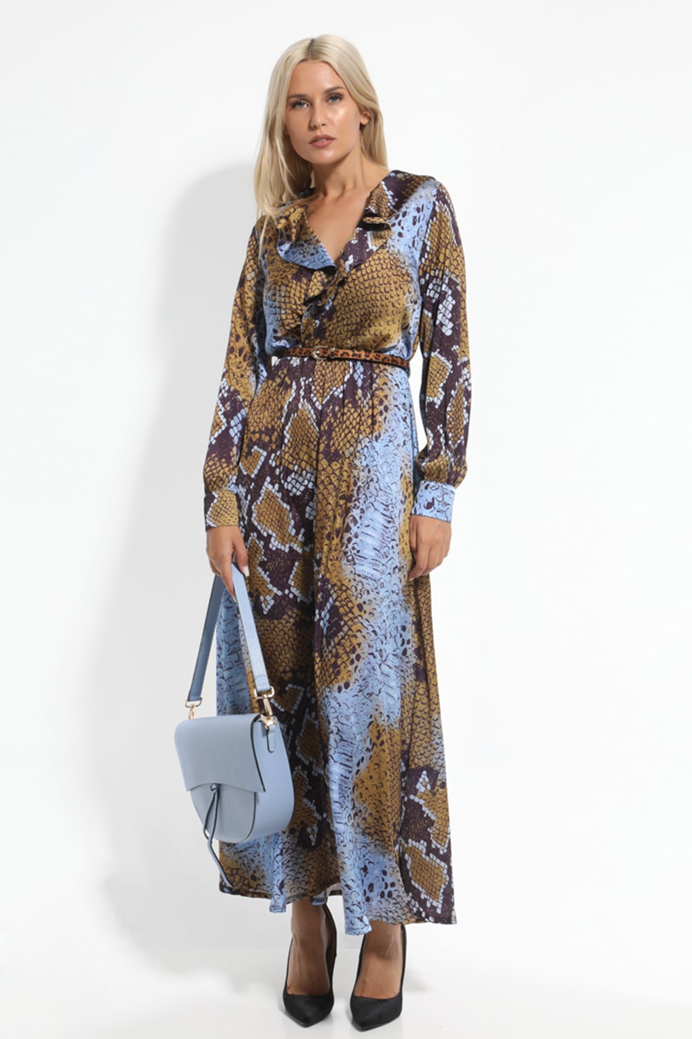 Σατέν μίντι φόρεμα snake print με ζώνη