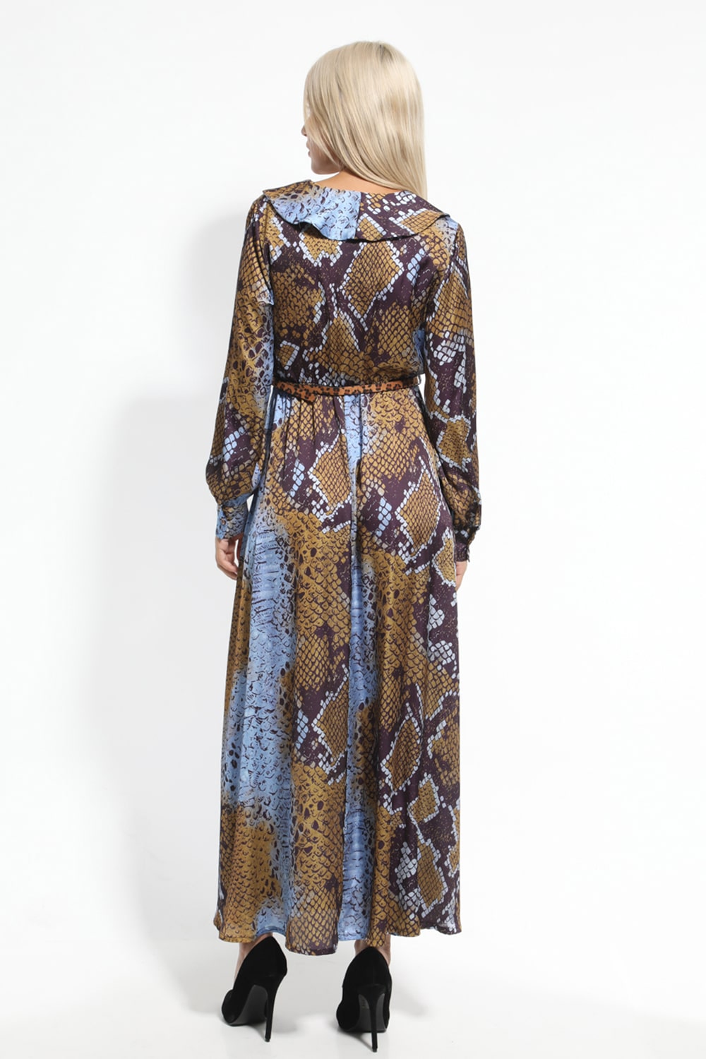 Σατέν μίντι φόρεμα snake print με ζώνη